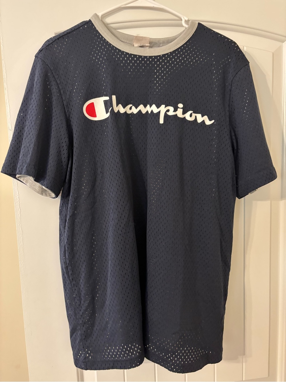 Champion Navy Mesh Logo Tee with White & Red Accent